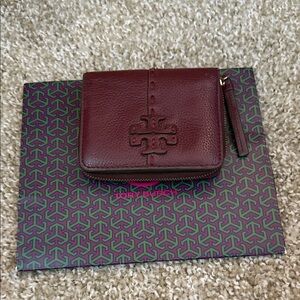 Tory Burch Maroon Leather Zip Wallet